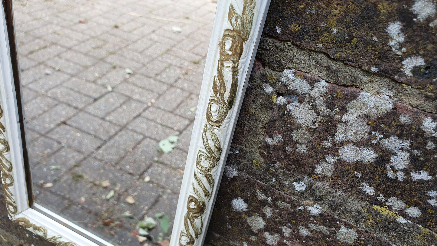 Vintage Painted Shabby Chic Tall and Thin Wall Mirror White and Gold Decoration.
