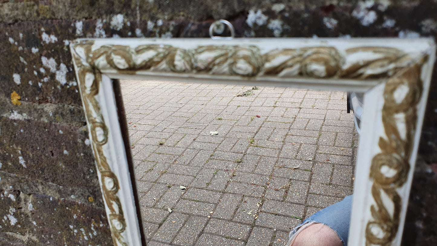 Vintage Painted Shabby Chic Tall and Thin Wall Mirror White and Gold Decoration.