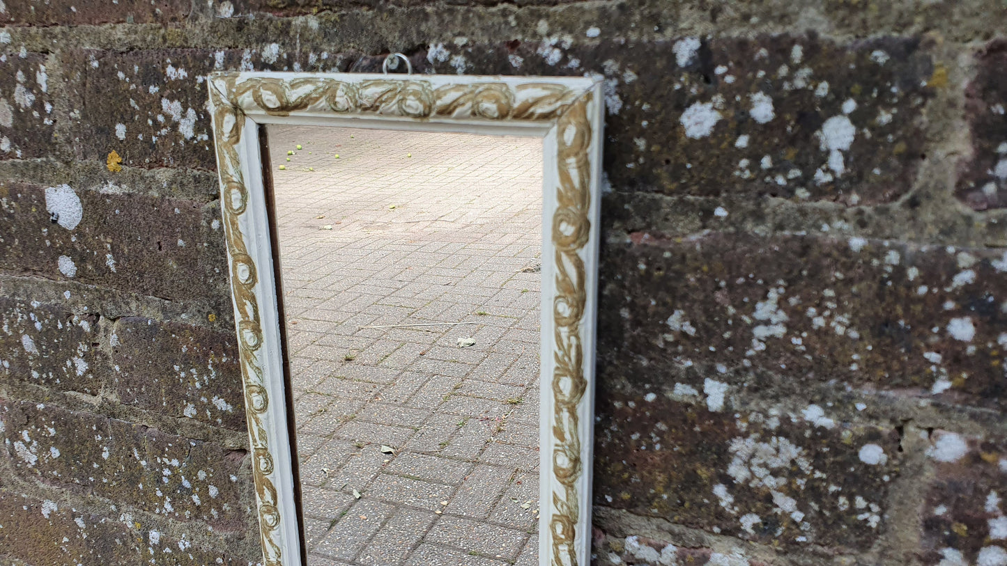 Vintage Painted Shabby Chic Tall and Thin Wall Mirror White and Gold Decoration.