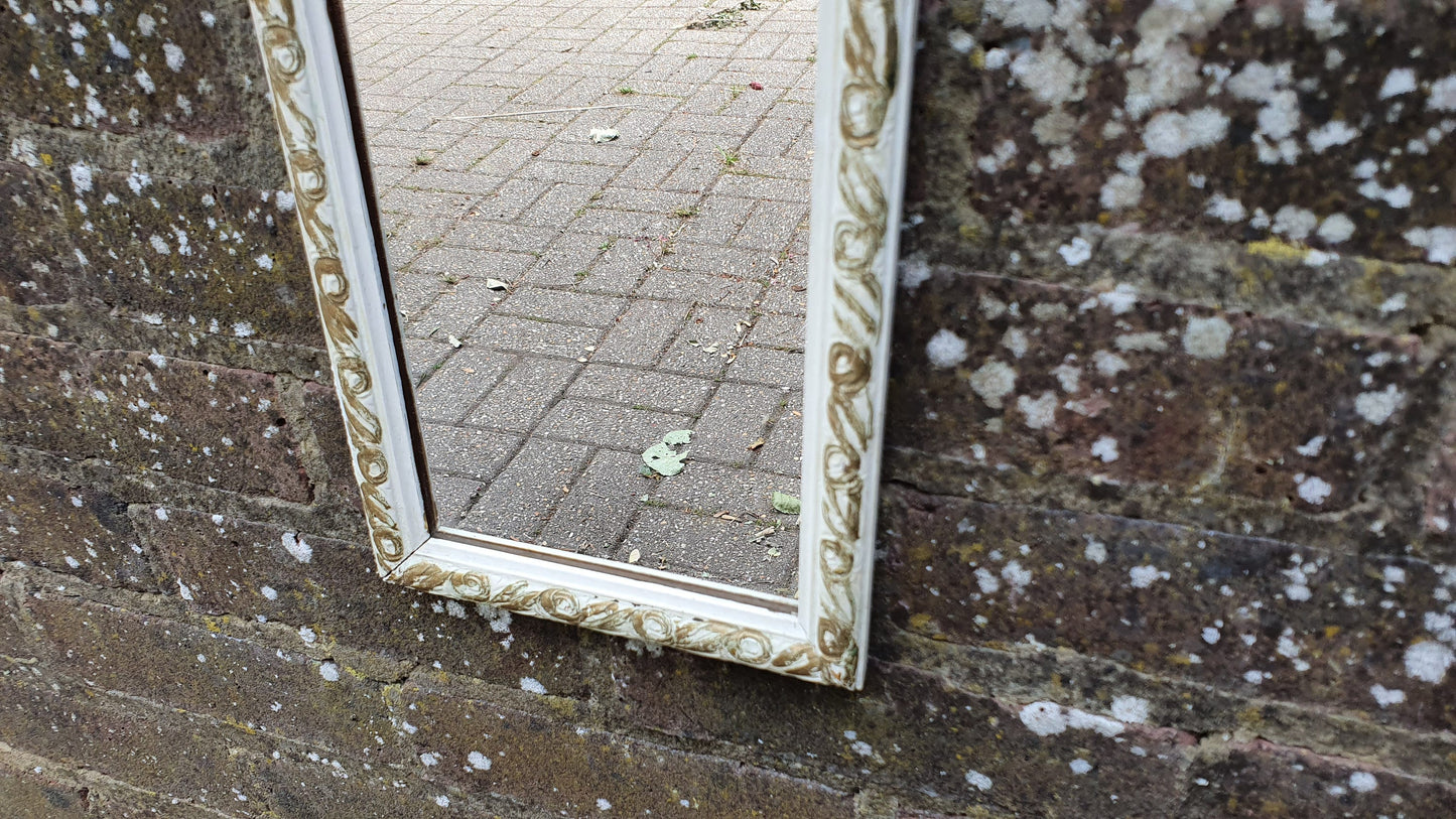 Vintage Painted Shabby Chic Tall and Thin Wall Mirror White and Gold Decoration.
