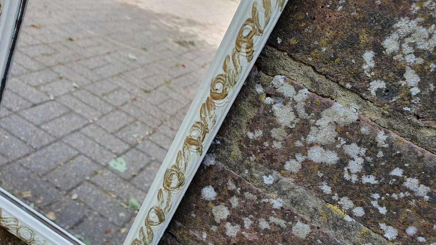 Vintage Painted Shabby Chic Tall and Thin Wall Mirror White and Gold Decoration.