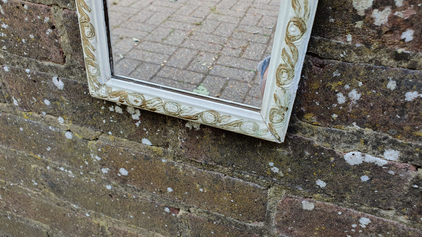 Vintage Painted Shabby Chic Tall and Thin Wall Mirror White and Gold Decoration.