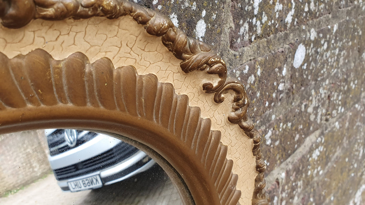 Cream and Gold Painted Vintage Ornate Chunky Painted Plaster Mirror. Convex Glass Shabby Chic.