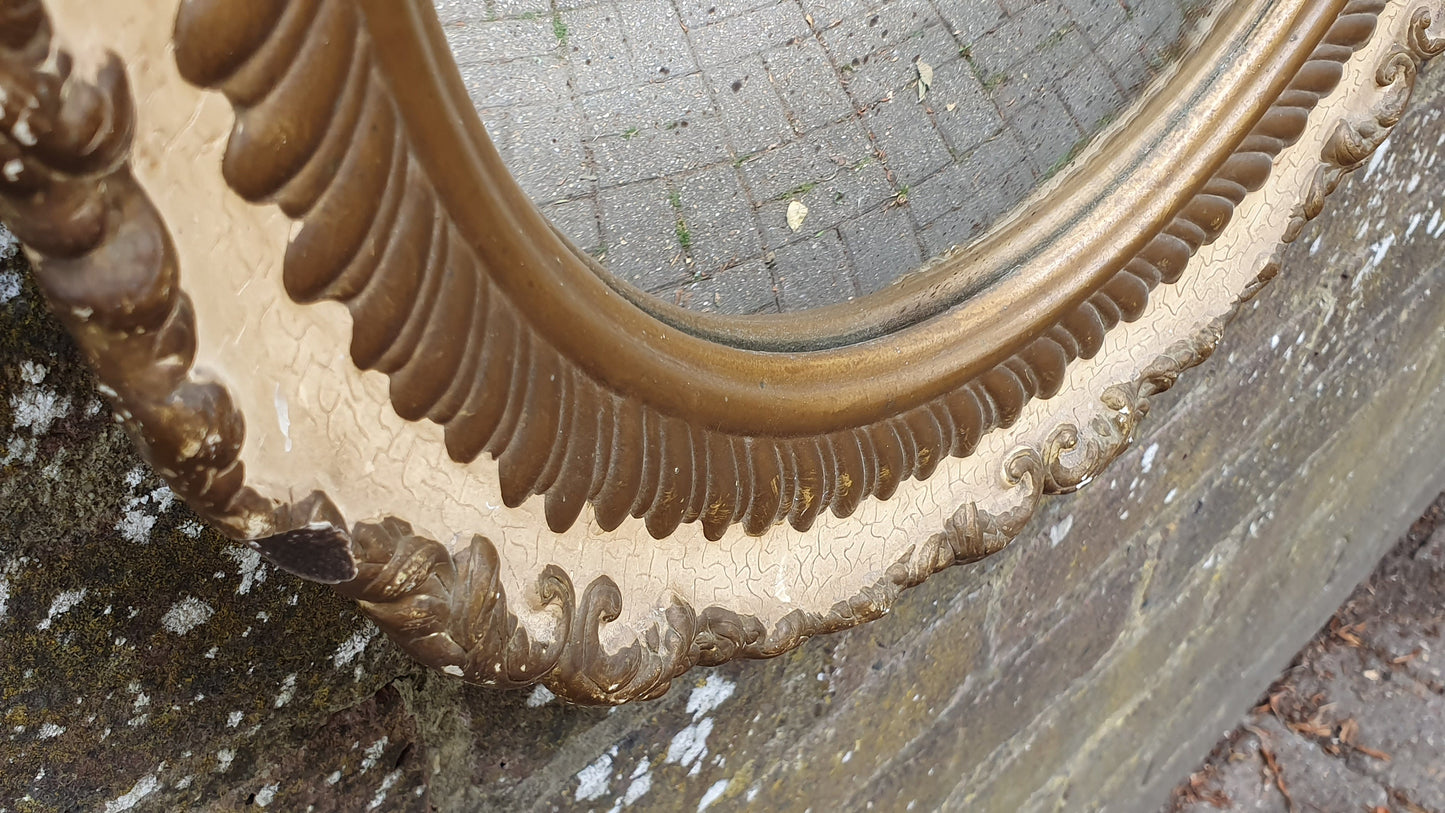 Cream and Gold Painted Vintage Ornate Chunky Painted Plaster Mirror. Convex Glass Shabby Chic.