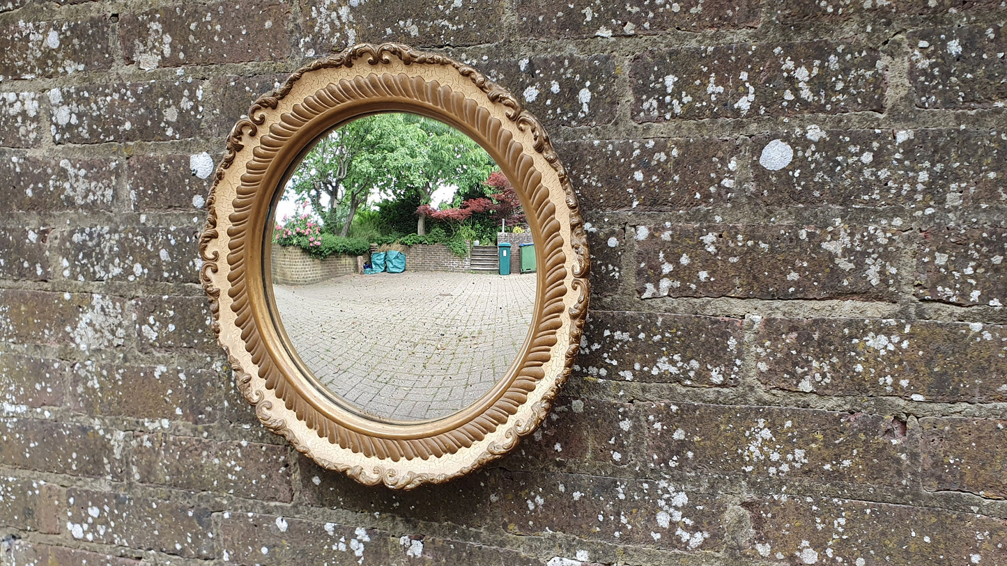 Cream and Gold Painted Vintage Ornate Chunky Painted Plaster Mirror. Convex Glass Shabby Chic.