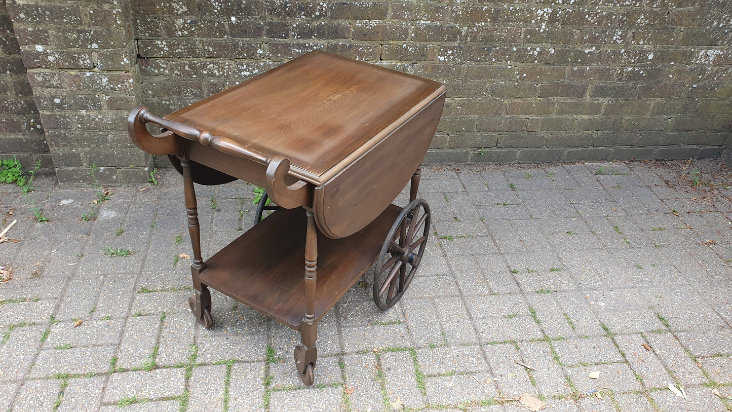 Solid Wood Classic Big Wheel Penny Farthing Drinks Trolley Vintage 1920’s Lift-off Tray Drop Leaf