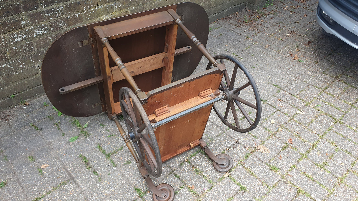 Solid Wood Classic Big Wheel Penny Farthing Drinks Trolley Vintage 1920’s Lift-off Tray Drop Leaf