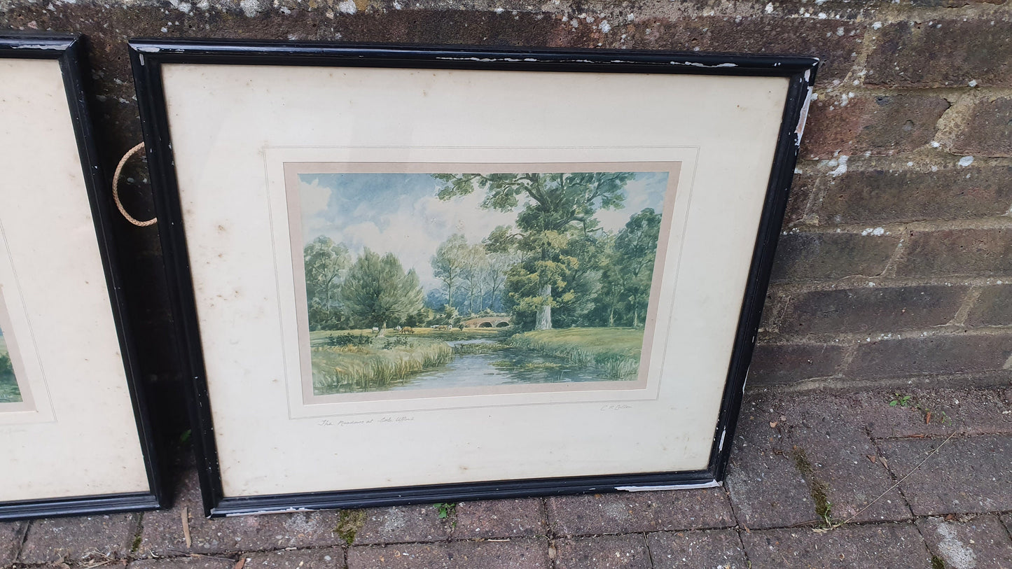 Pair of Signed Vintage Idyllic English Landscape Prints The Meadows at Lake Ufford Heath near Ipswich CH Collen 53 x 46 cm