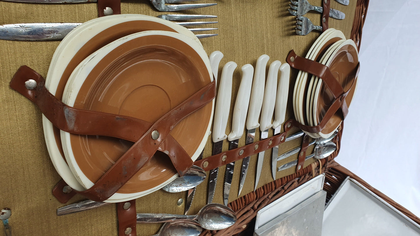 Vintage Large Picnic Basket and Contents Tupperware Mid 20th Century TV Theatre Display Prop