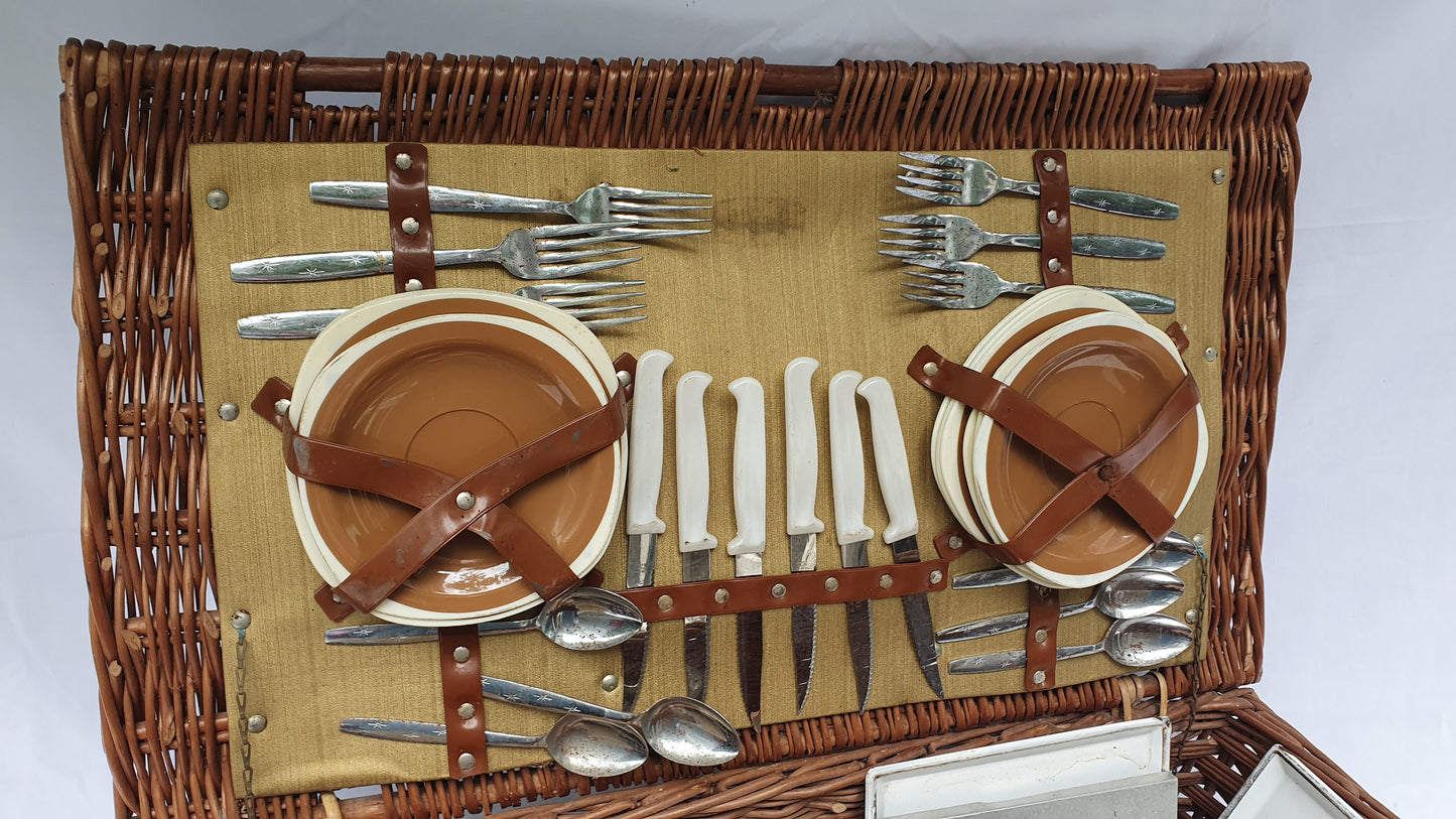 Vintage Large Picnic Basket and Contents Tupperware Mid 20th Century TV Theatre Display Prop