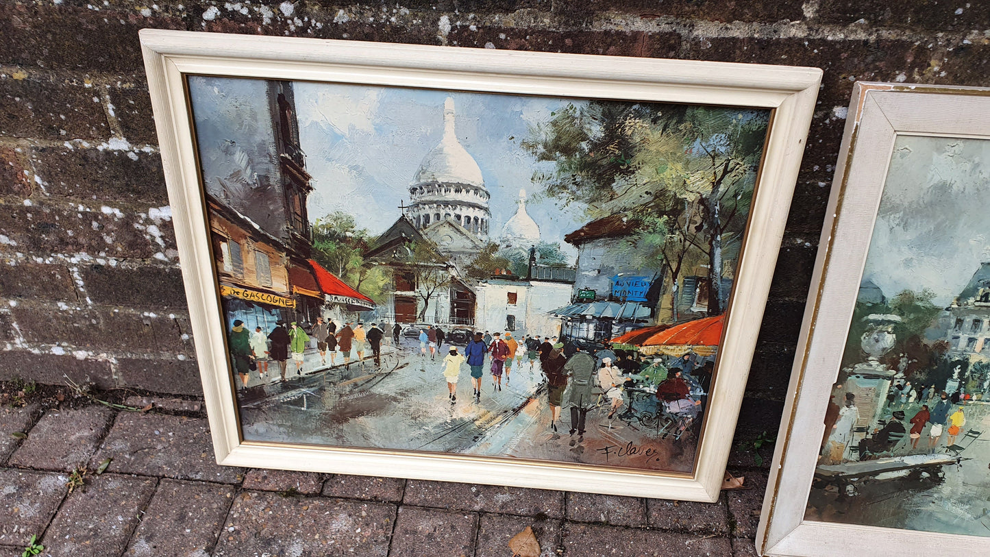 Pair of Large Vintage Retro French Prints Paris Townscape. Francois Claver 60 x 50 cm