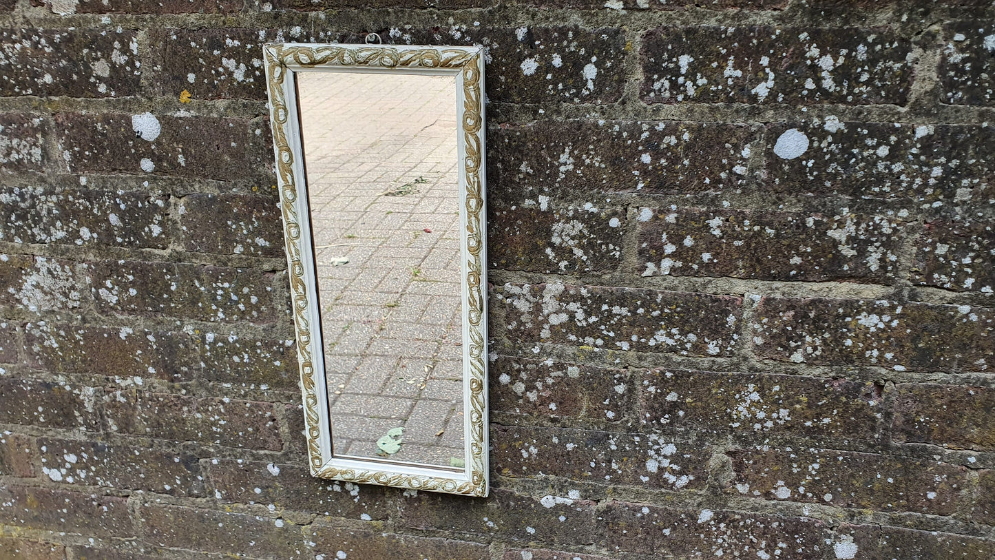Vintage Painted Shabby Chic Tall and Thin Wall Mirror White and Gold Decoration.
