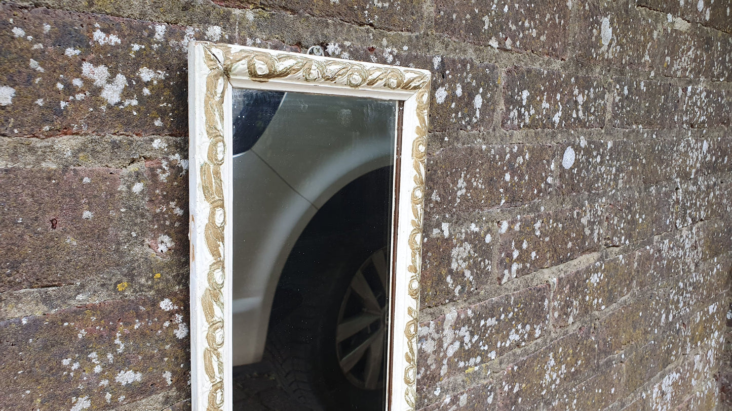 Vintage Painted Shabby Chic Tall and Thin Wall Mirror White and Gold Decoration.