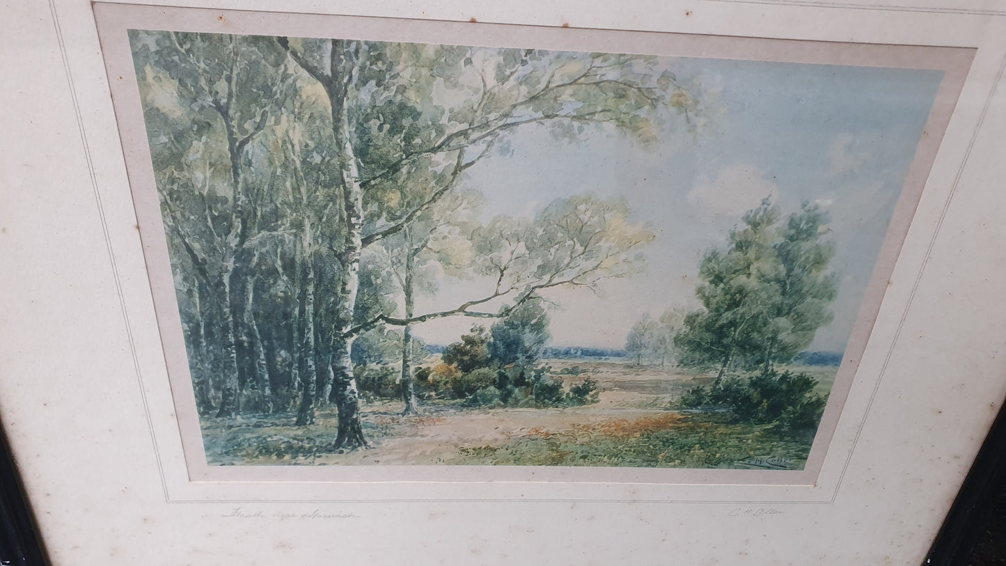 Pair of Signed Vintage Idyllic English Landscape Prints The Meadows at Lake Ufford Heath near Ipswich CH Collen 53 x 46 cm