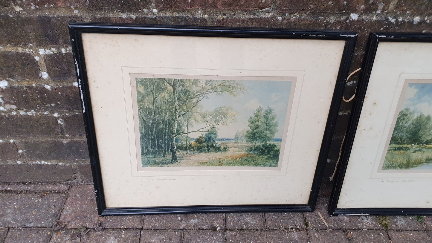 Pair of Signed Vintage Idyllic English Landscape Prints The Meadows at Lake Ufford Heath near Ipswich CH Collen 53 x 46 cm