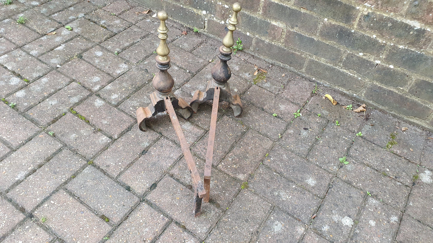 Pair of Vintage Iron and Brass Fire Dogs Fireplace Fire Basket
