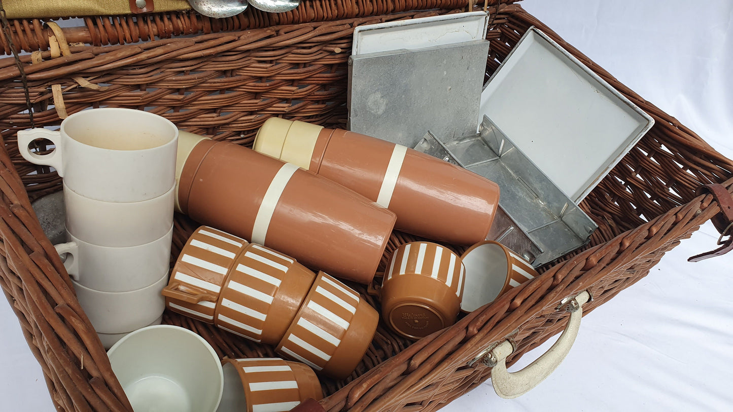 Vintage Large Picnic Basket and Contents Tupperware Mid 20th Century TV Theatre Display Prop