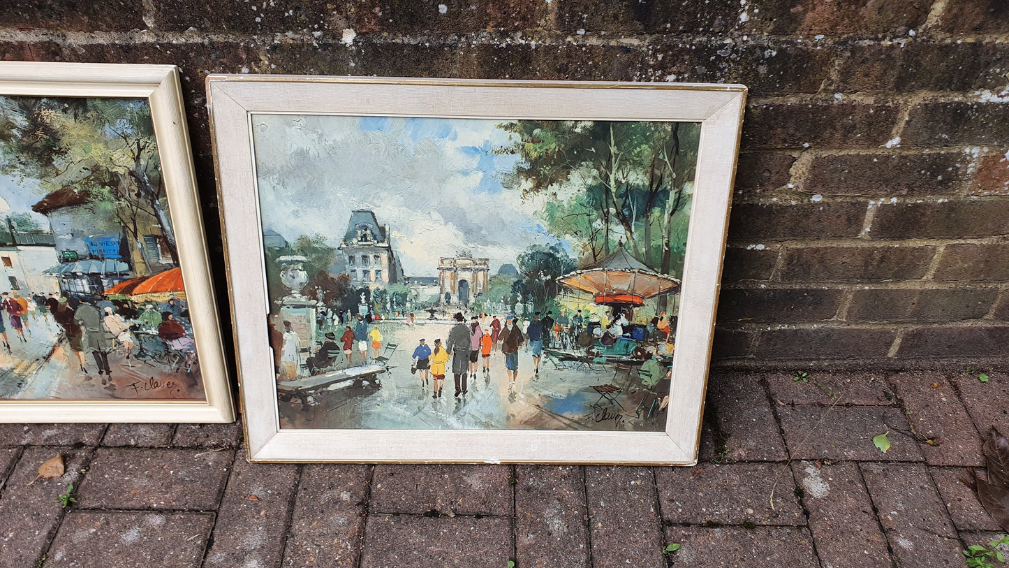 Pair of Large Vintage Retro French Prints Paris Townscape. Francois Claver 60 x 50 cm