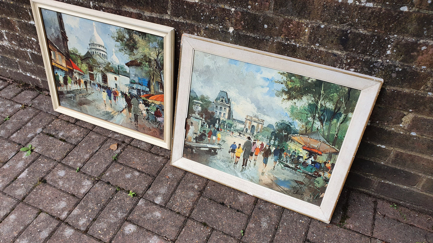 Pair of Large Vintage Retro French Prints Paris Townscape. Francois Claver 60 x 50 cm