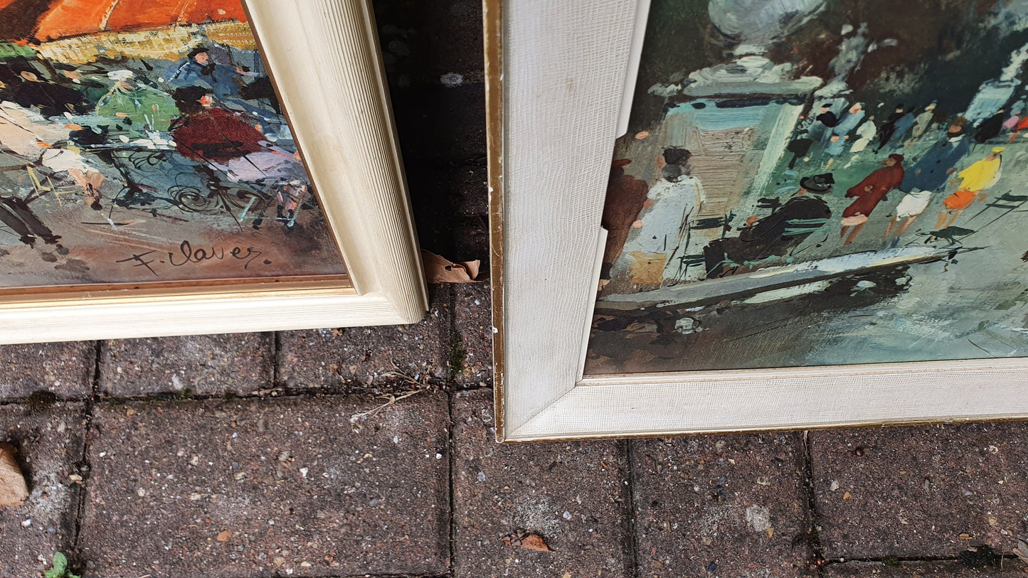 Pair of Large Vintage Retro French Prints Paris Townscape. Francois Claver 60 x 50 cm