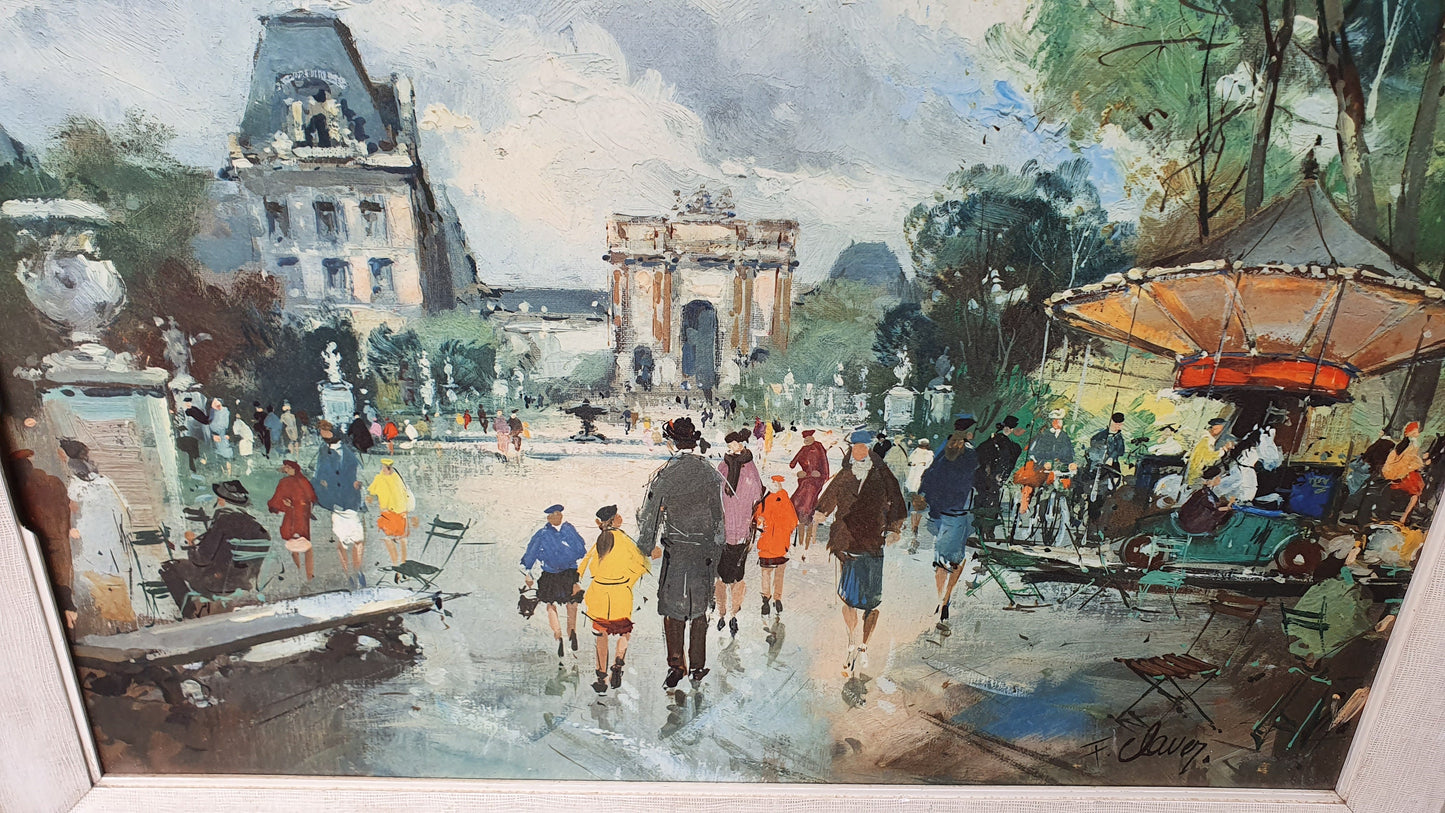 Pair of Large Vintage Retro French Prints Paris Townscape. Francois Claver 60 x 50 cm