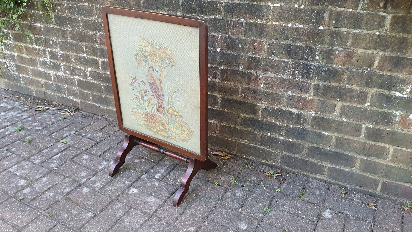 Large Impressive Tapestry Fire Screen Parrot Motif Mahogany Folds Up to Form Coffee Table