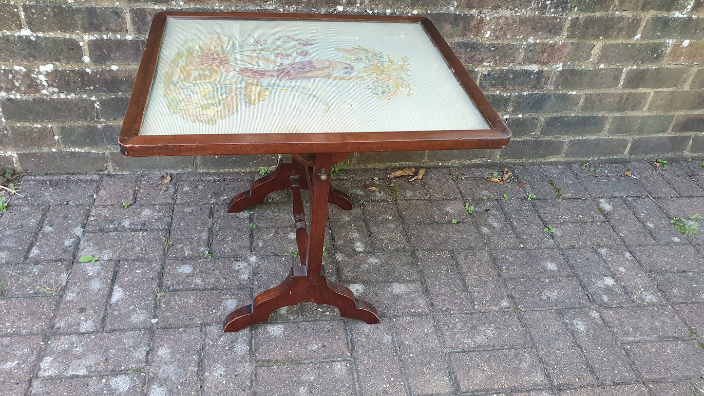Large Impressive Tapestry Fire Screen Parrot Motif Mahogany Folds Up to Form Coffee Table