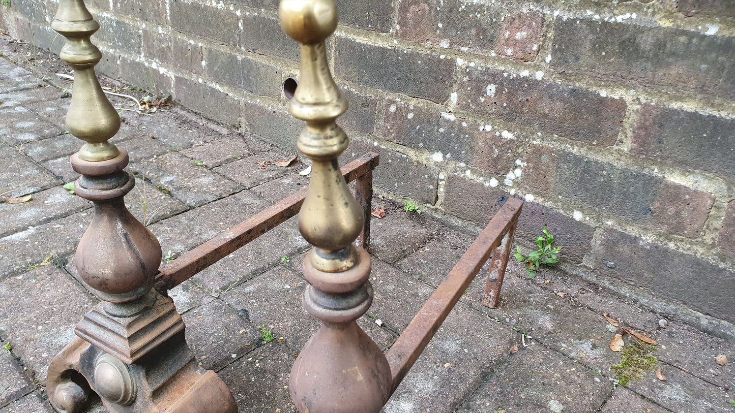 Pair of Vintage Iron and Brass Fire Dogs Fireplace Fire Basket