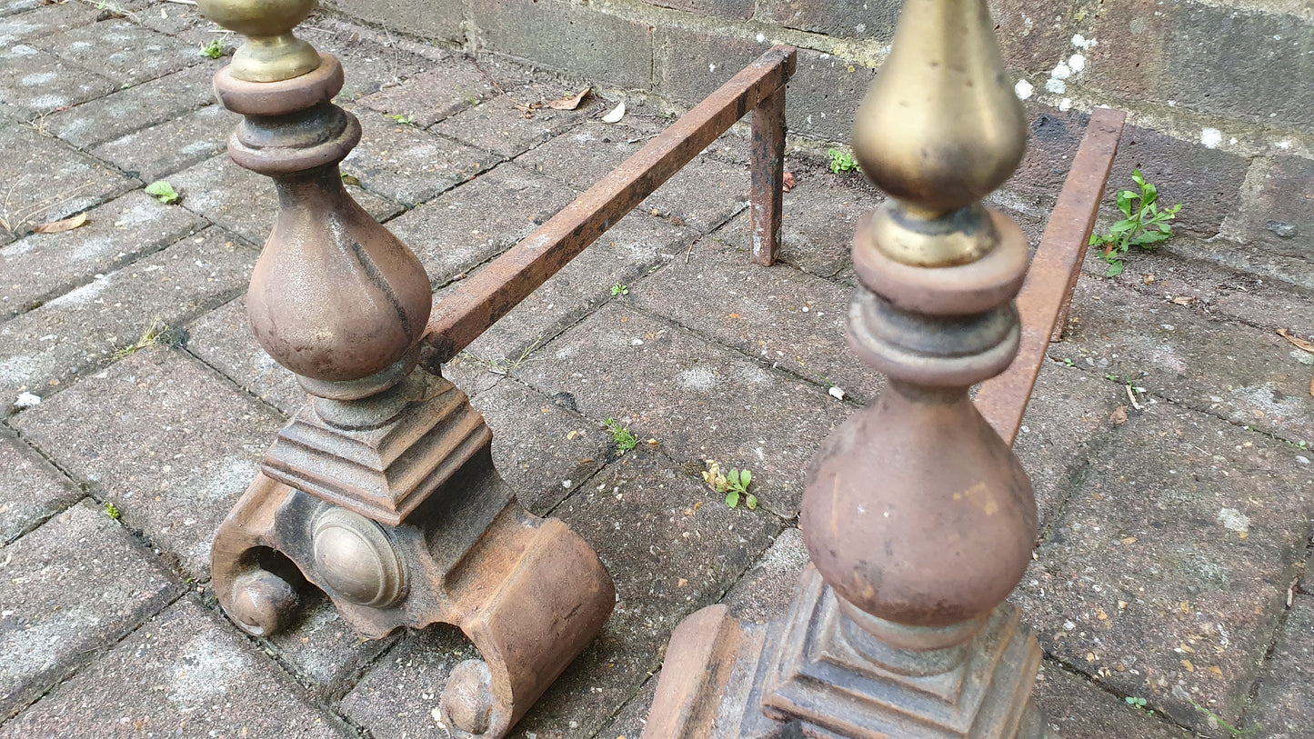 Pair of Vintage Iron and Brass Fire Dogs Fireplace Fire Basket
