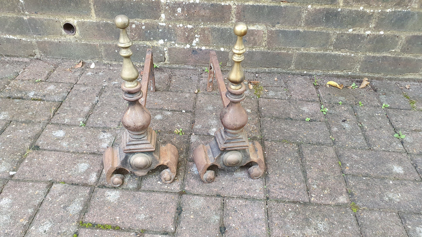 Pair of Vintage Iron and Brass Fire Dogs Fireplace Fire Basket