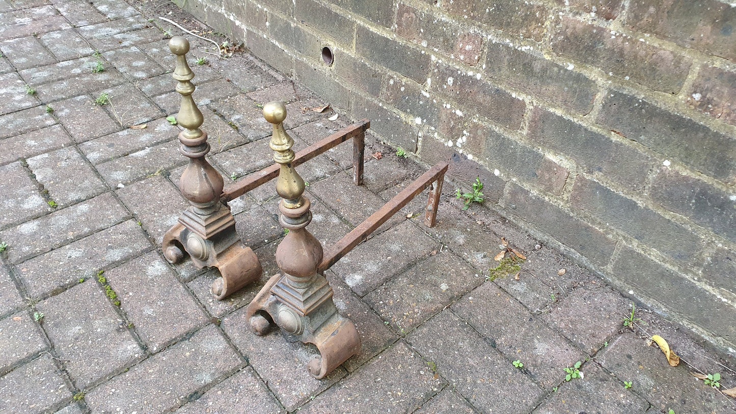 Pair of Vintage Iron and Brass Fire Dogs Fireplace Fire Basket