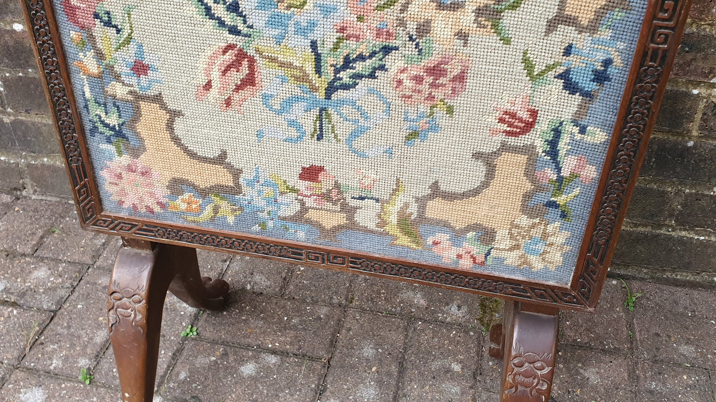 Large Vintage Mahogany and Still Life Tapestry Fire Screen