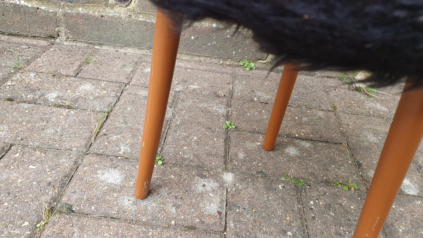 Quirky Fuzzy Furry Vintage Retro Stool Atomic Legs Black Furry Upholstery.