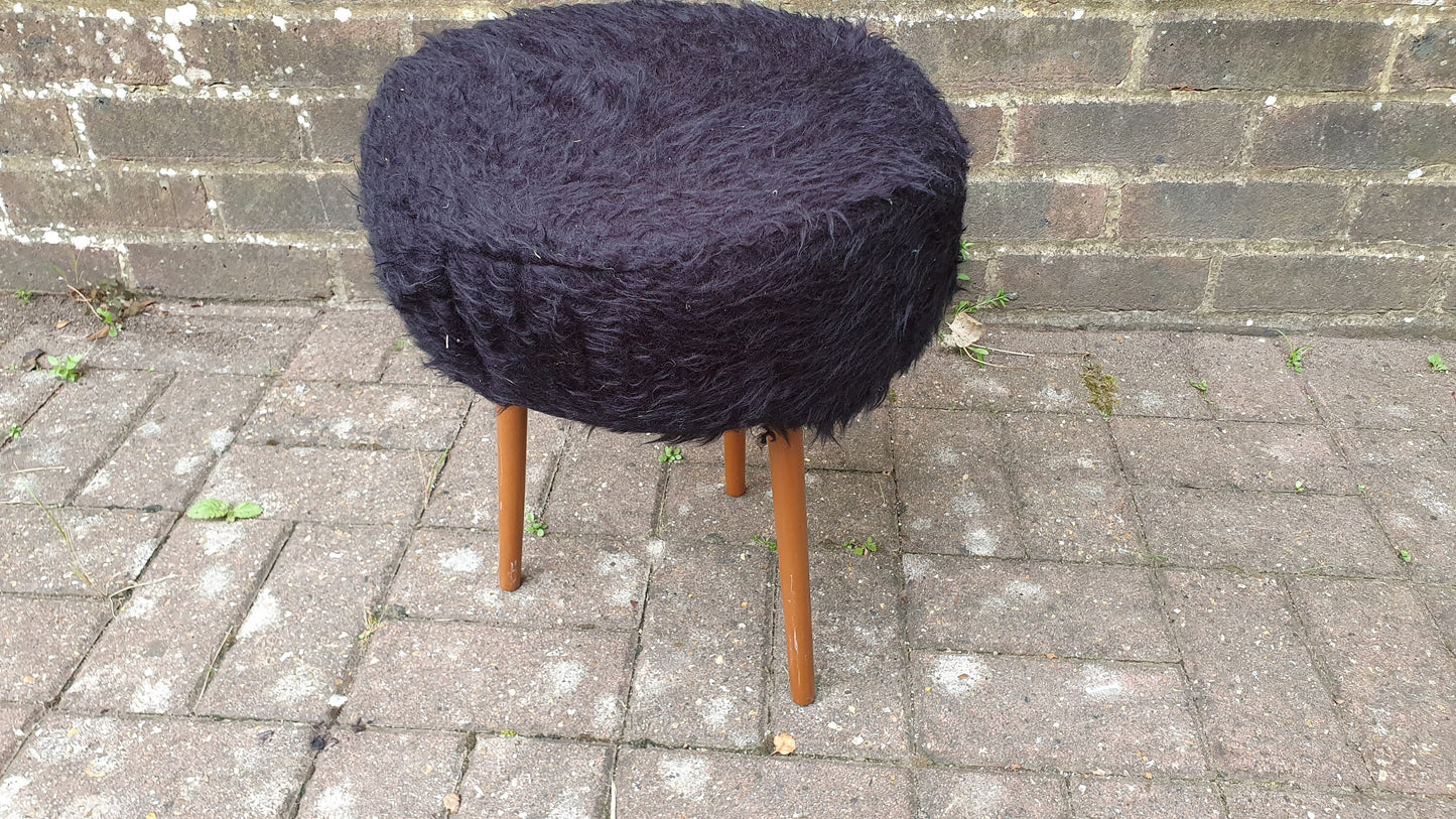 Quirky Fuzzy Furry Vintage Retro Stool Atomic Legs Black Furry Upholstery.