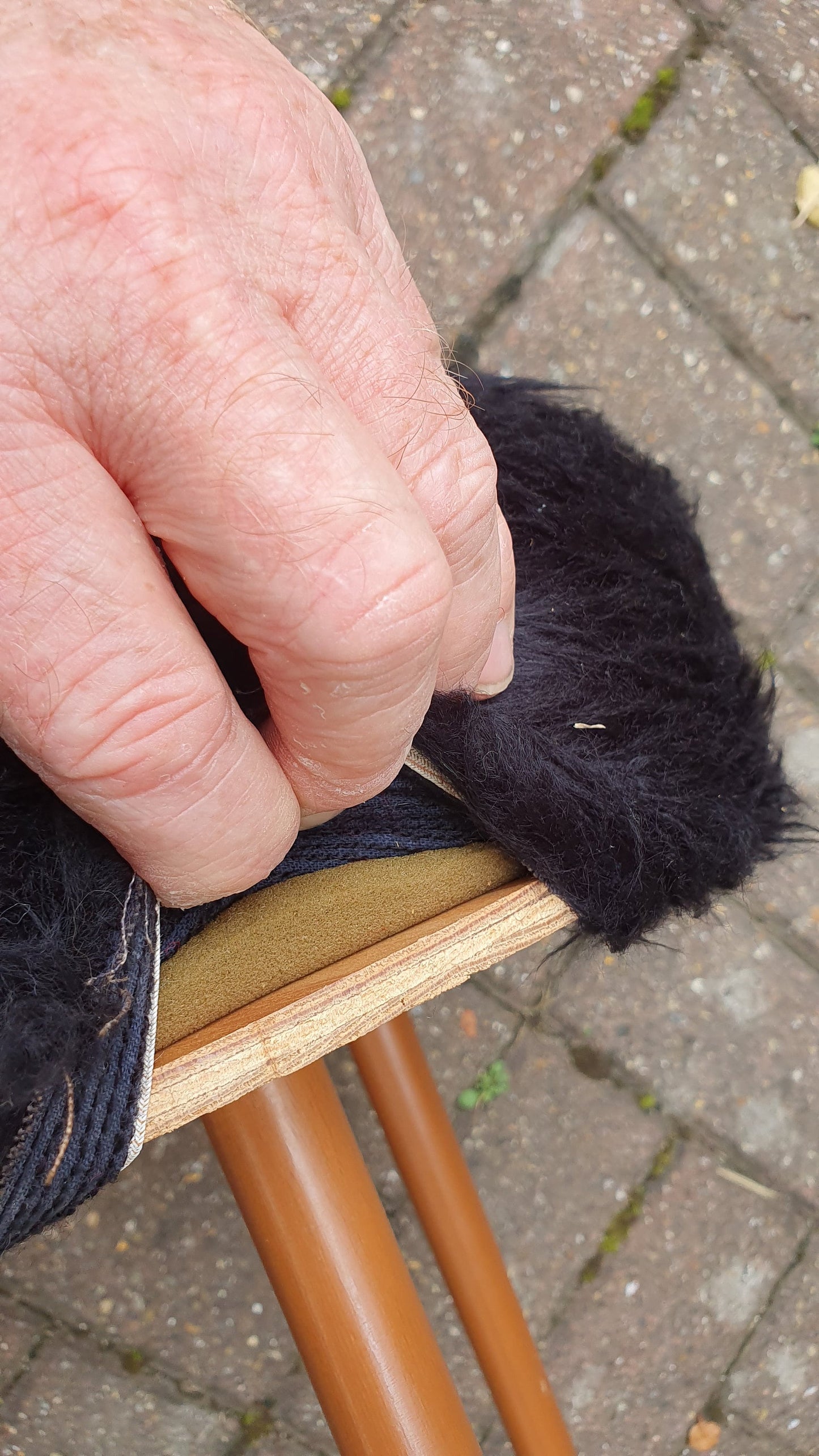 Quirky Fuzzy Furry Vintage Retro Stool Atomic Legs Black Furry Upholstery.