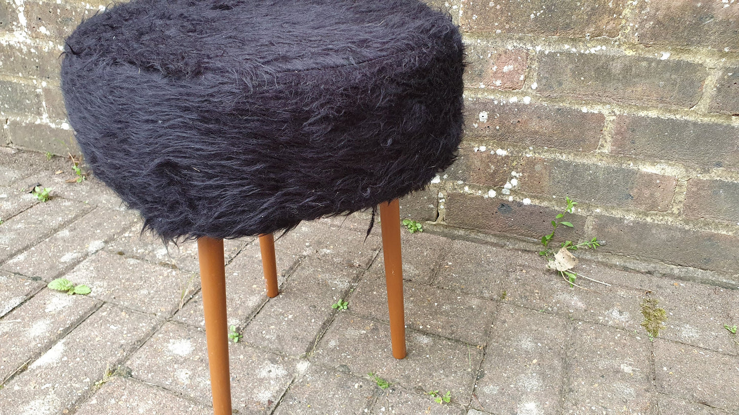 Quirky Fuzzy Furry Vintage Retro Stool Atomic Legs Black Furry Upholstery.