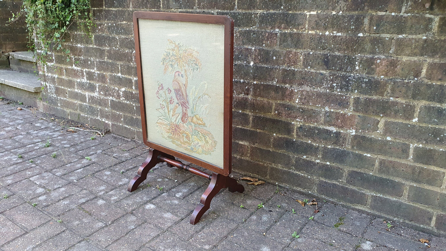 Large Impressive Tapestry Fire Screen Parrot Motif Mahogany Folds Up to Form Coffee Table