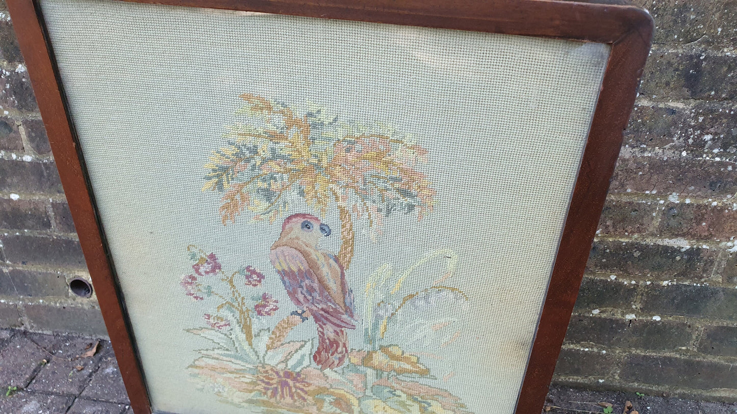 Large Impressive Tapestry Fire Screen Parrot Motif Mahogany Folds Up to Form Coffee Table