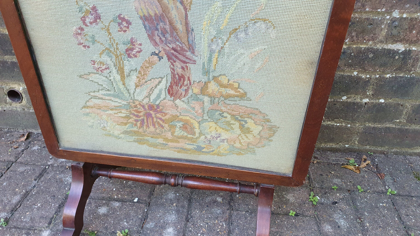 Large Impressive Tapestry Fire Screen Parrot Motif Mahogany Folds Up to Form Coffee Table