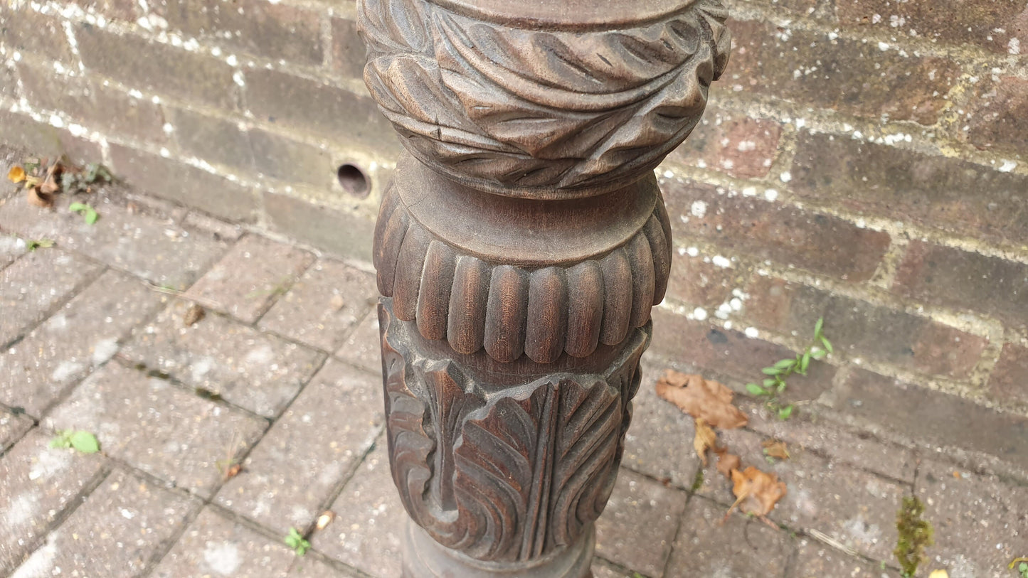 Beautiful Vintage Tall Carved Mahogany Torchere / Plant Stand On Tripod Legs Acorn Decoration