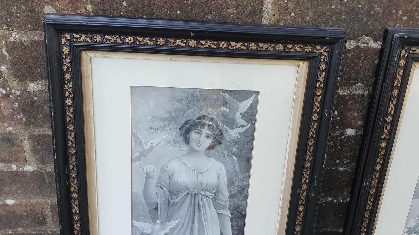Pair of Vintage Early 20th Century Prints Wounded Dove and Labor of Love Pretty Lady With Doves Print