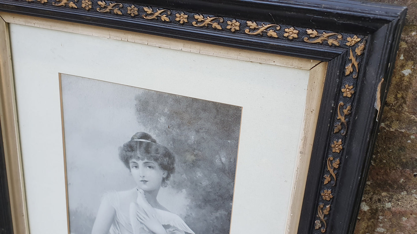 Pair of Vintage Early 20th Century Prints Wounded Dove and Labor of Love Pretty Lady With Doves Print