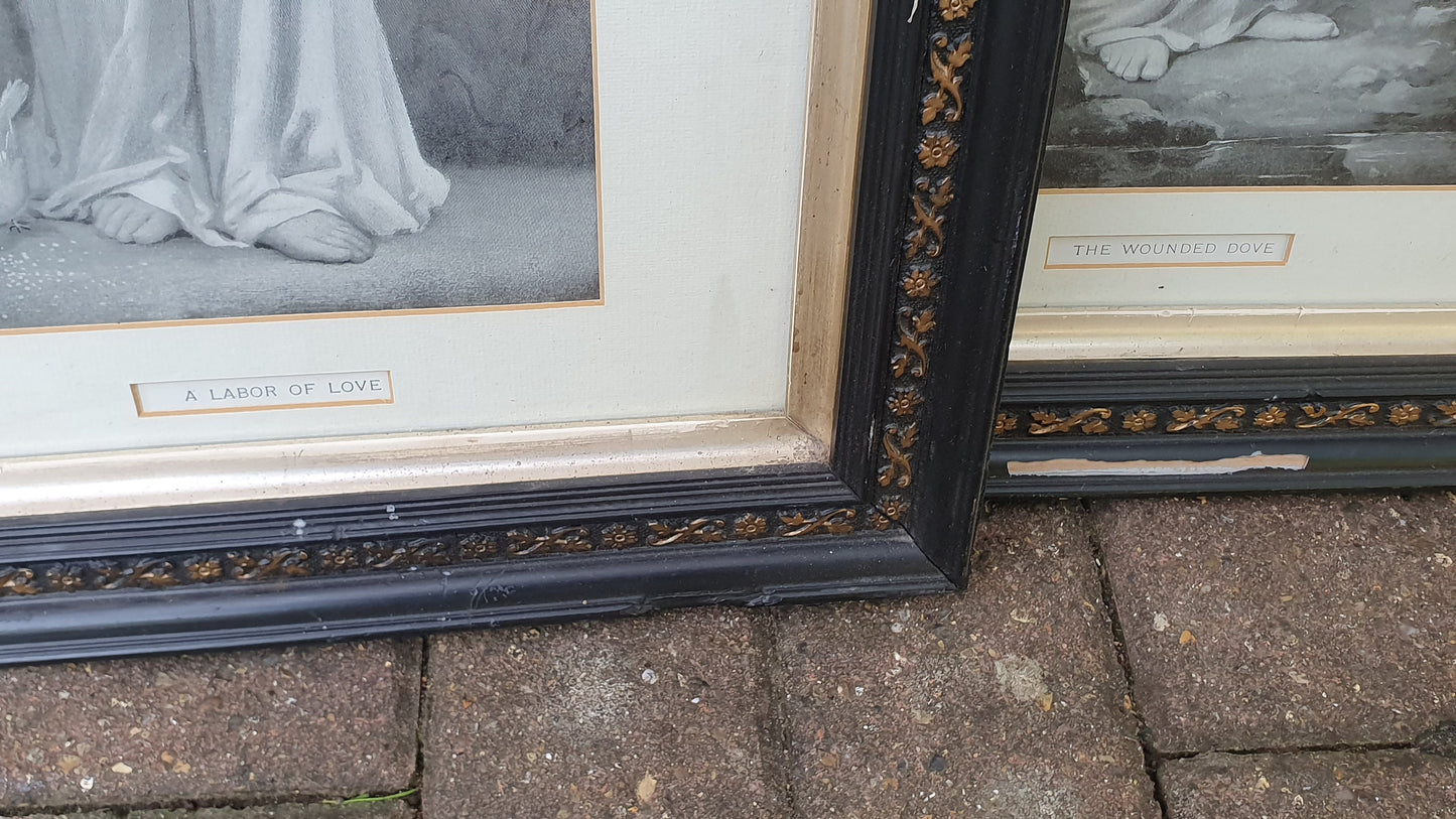Pair of Vintage Early 20th Century Prints Wounded Dove and Labor of Love Pretty Lady With Doves Print