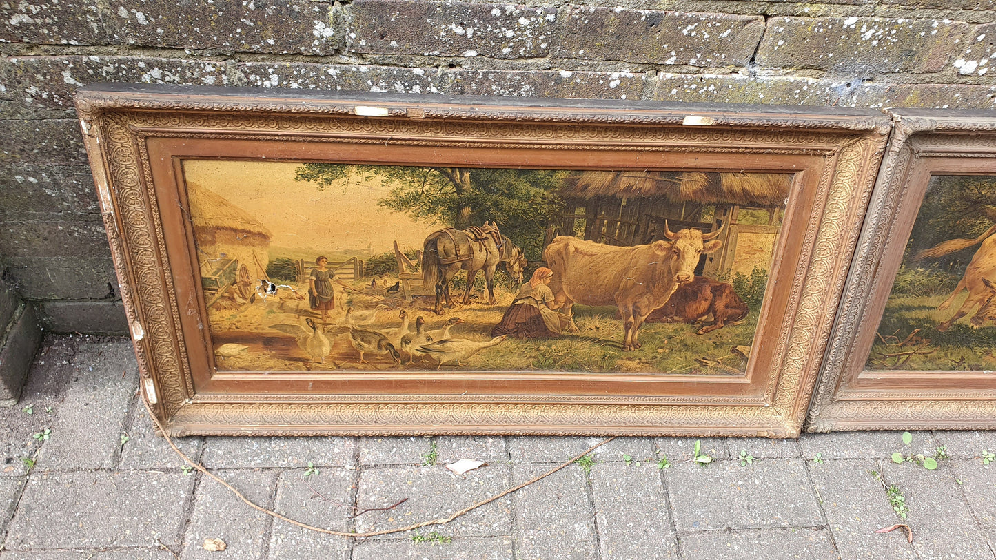 Large Magnificent Pair Rural Farm scenes on Canvas in gorgeous wooden frames - c1900 masterpieces? Cow Farm