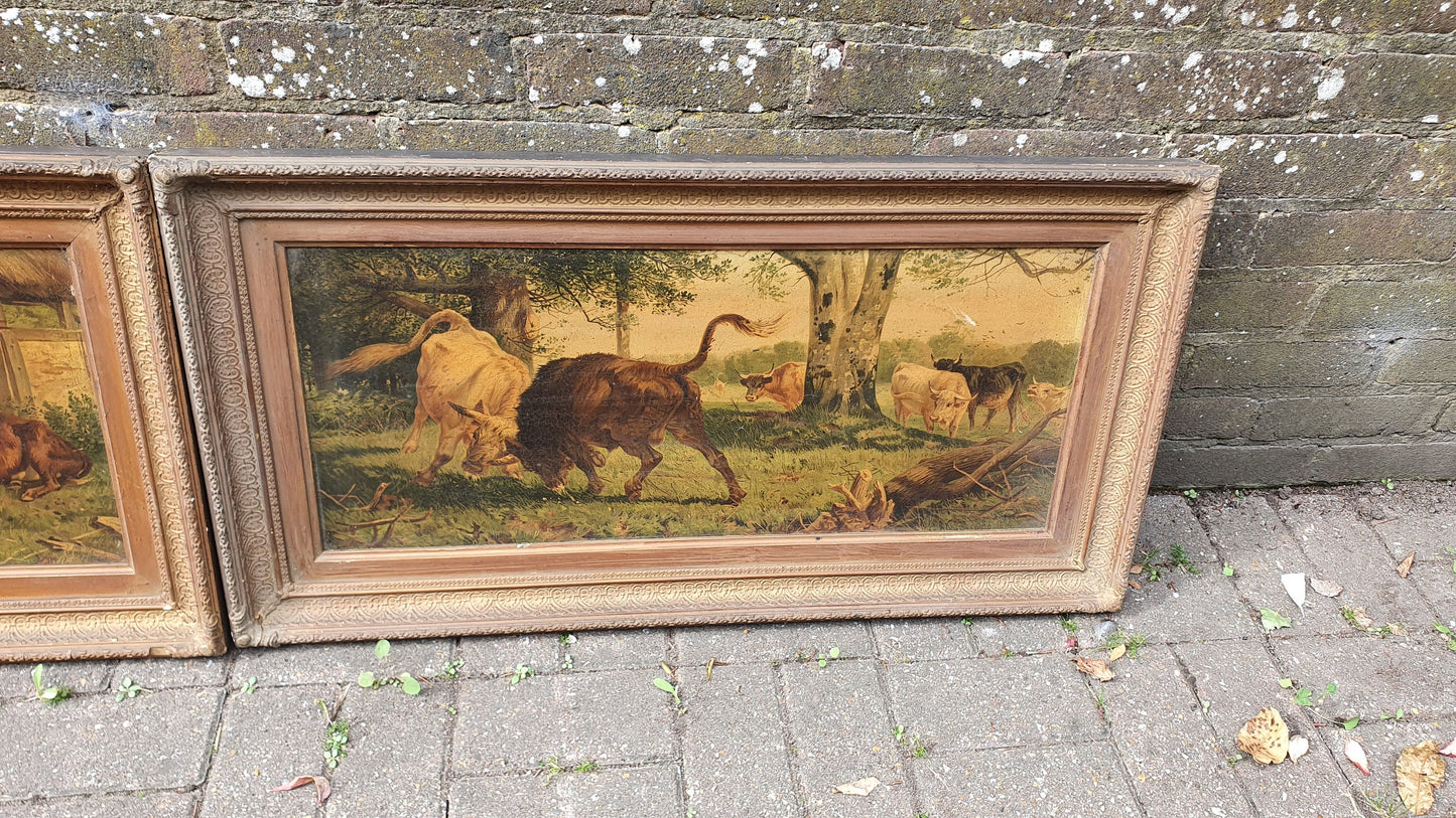 Large Magnificent Pair Rural Farm scenes on Canvas in gorgeous wooden frames - c1900 masterpieces? Cow Farm
