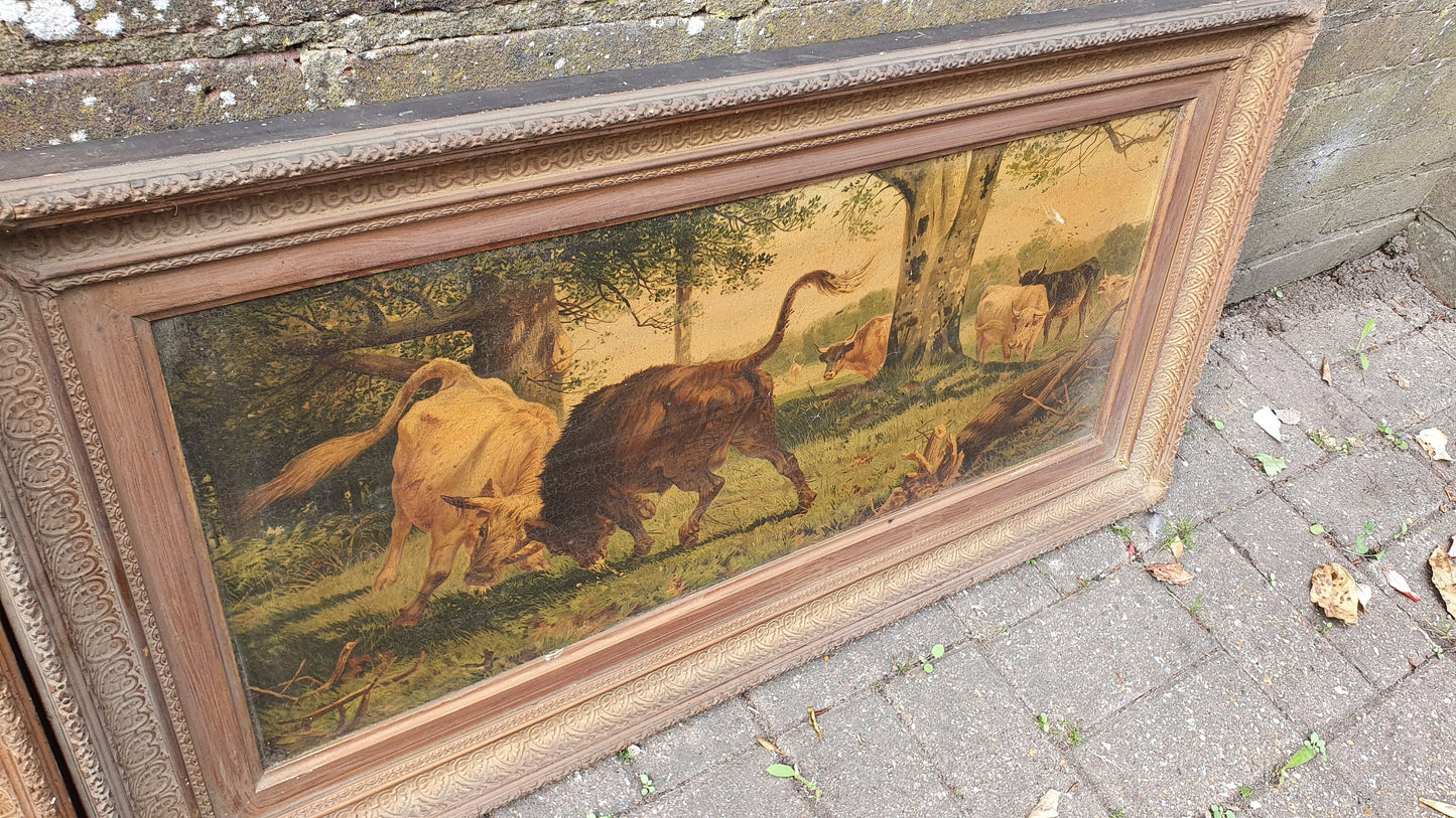 Large Magnificent Pair Rural Farm scenes on Canvas in gorgeous wooden frames - c1900 masterpieces? Cow Farm