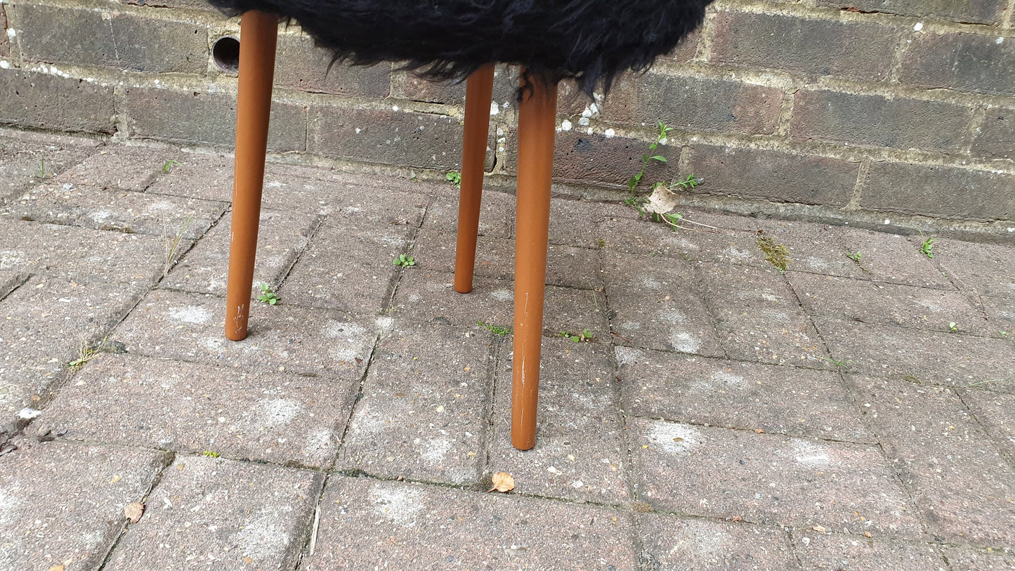 Quirky Fuzzy Furry Vintage Retro Stool Atomic Legs Black Furry Upholstery.