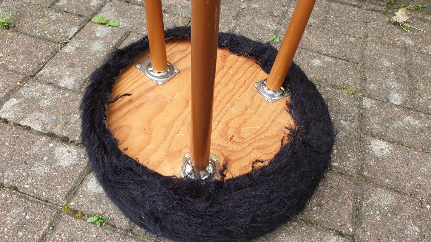 Quirky Fuzzy Furry Vintage Retro Stool Atomic Legs Black Furry Upholstery.