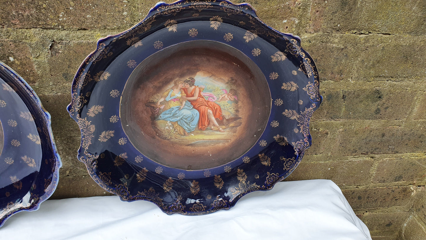 2 Pair Stunning Vintage Huge Cobalt Blue and Gold Picture Romantic Wall Plates Serving Bowls Early-20th Century