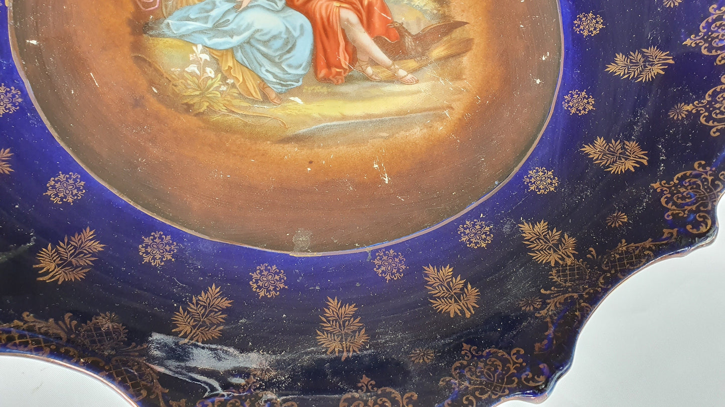 2 Pair Stunning Vintage Huge Cobalt Blue and Gold Picture Romantic Wall Plates Serving Bowls Early-20th Century